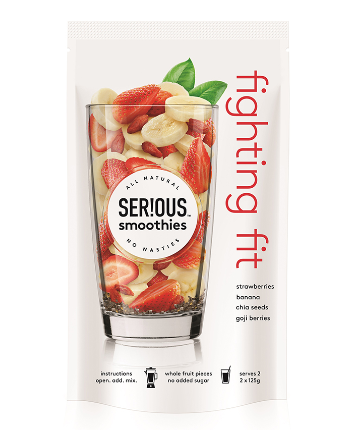The front cover of a Serious Smoothie pouch.