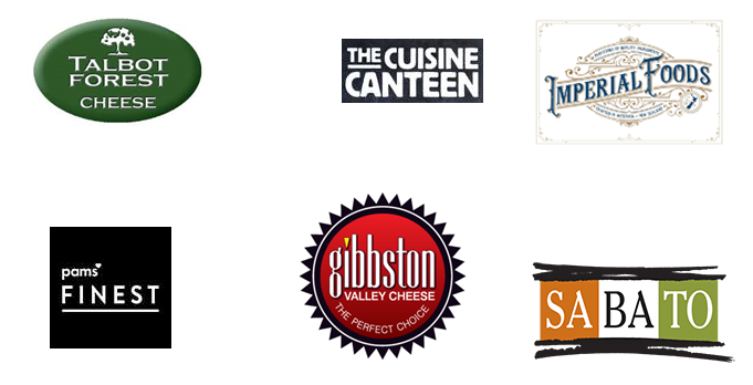 Logos for Talbot Forest cheese, Pams Finest cheese, the Cuisine Canteen cheese, Gibbston Valley cheese, Imperial Foods cheese