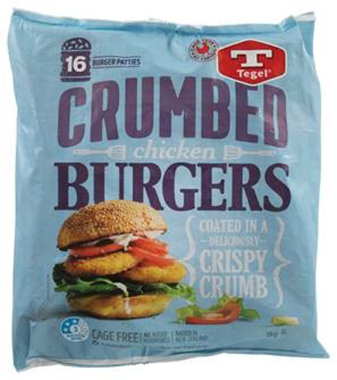 Image of Tegel brand Crumbed Chicken Burgers in a plastic packet