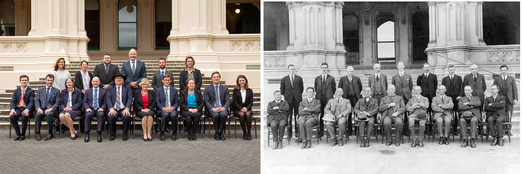 The 2019 forestry leadership team, photographed on the Parliamentary library steps, alongside a photo of the original State Forest Service leadership team which was taken in 1921.
