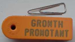 An HGP ear tag. It is brown and stamped with the words 'growth promotant' The tag has a small hole at one end. Above the tag is a paper clip for a size comparison with the clip being about two-thirds the length of the tag.
