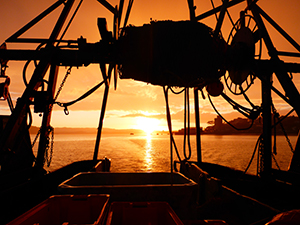 View from a fishing vessel of the sun rising over the ocean