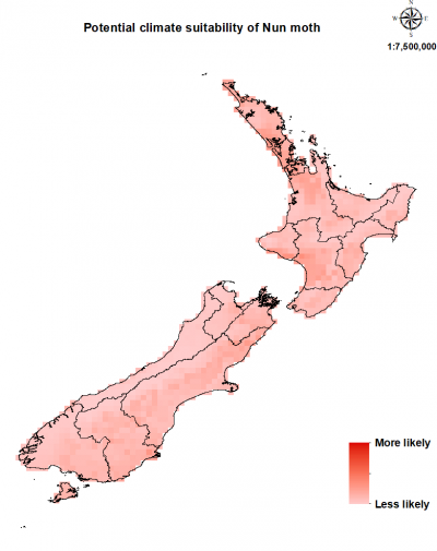 Map of New Zealand showing where the nun moth could establish