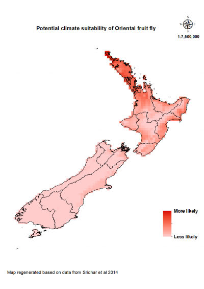 Map of New Zealand showing where oriental fruit fly could establish