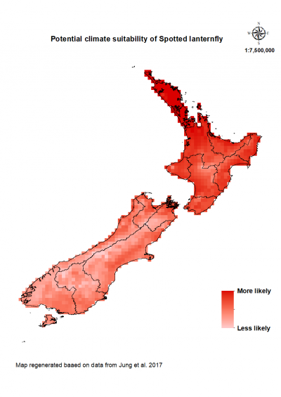 Map of New Zealand showing where the spotted lanternfly could establish.
