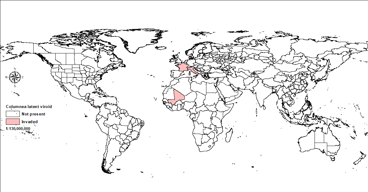 World map showing global distribution of Columnea latent viroid