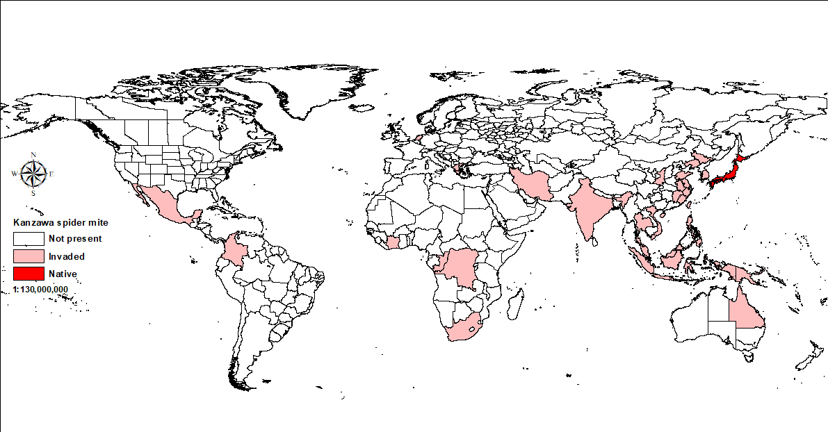 World map showing distribution of kanzawa spider mite