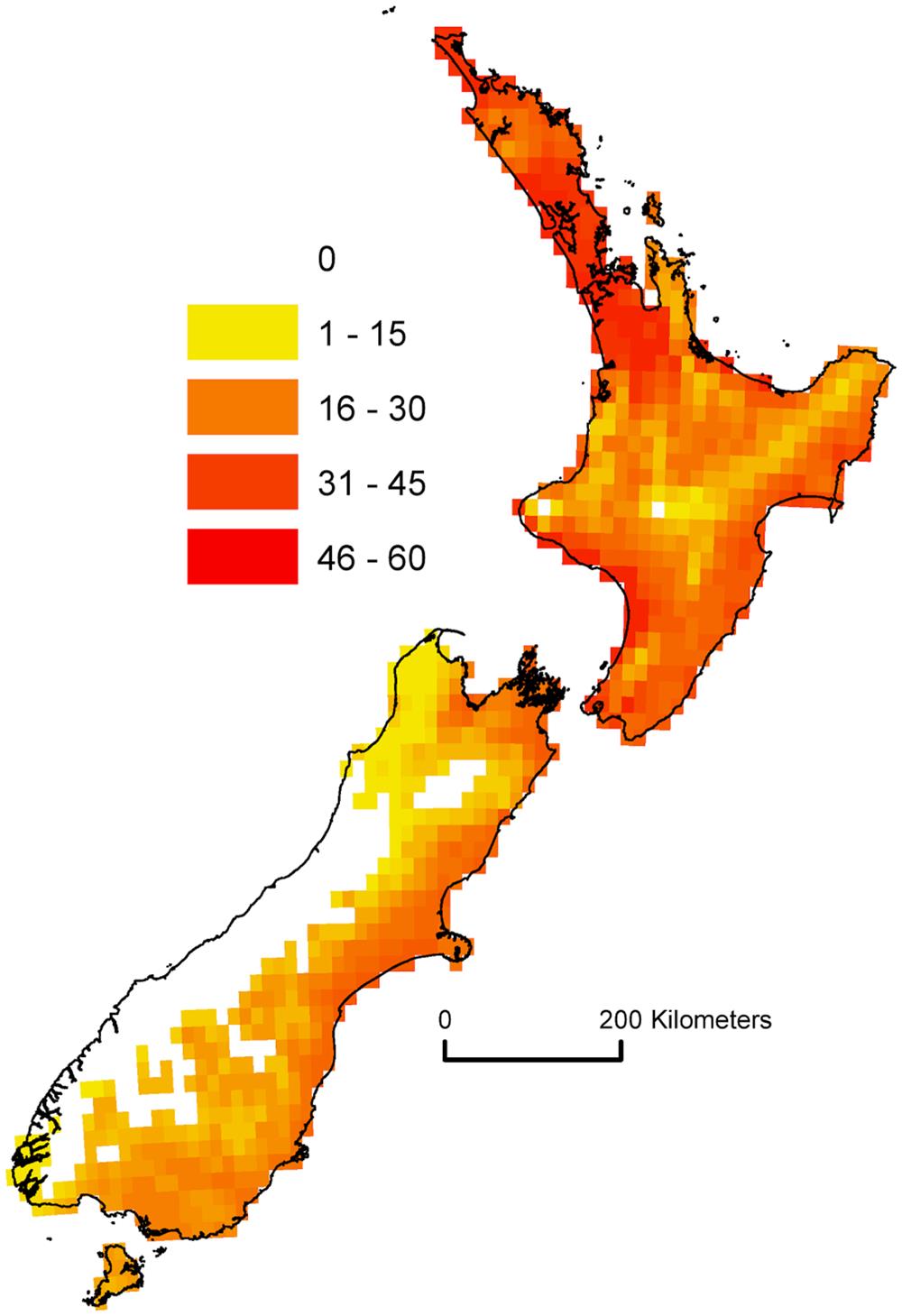 Map of New Zealand showing where spongy moth could establish