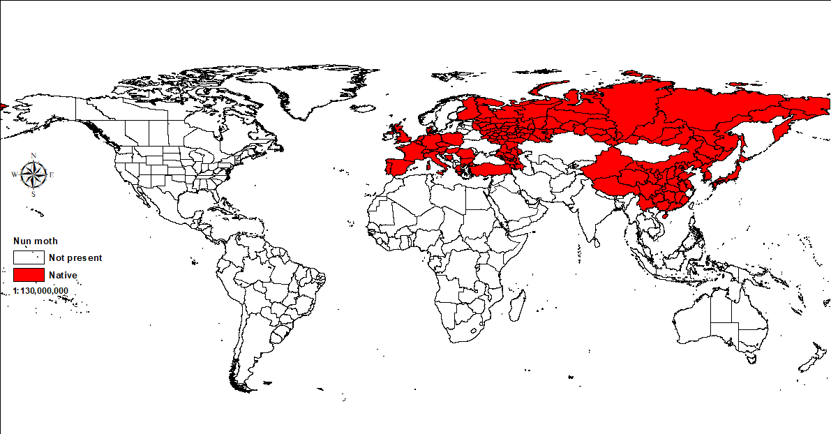 World map showing distribution of nun moth.