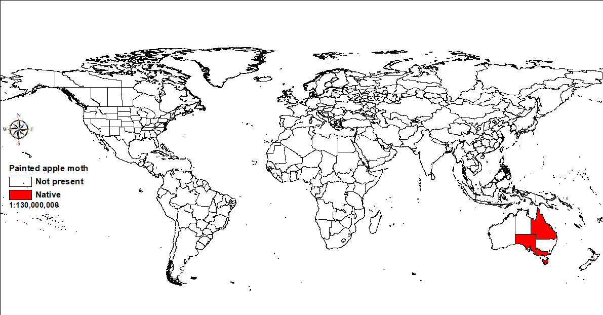 World map showing distribution of the painted apple moth
