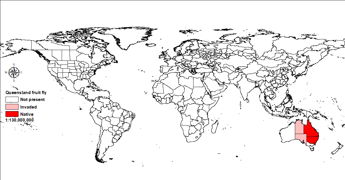 World map showing distribution of Queensland fruit fly
