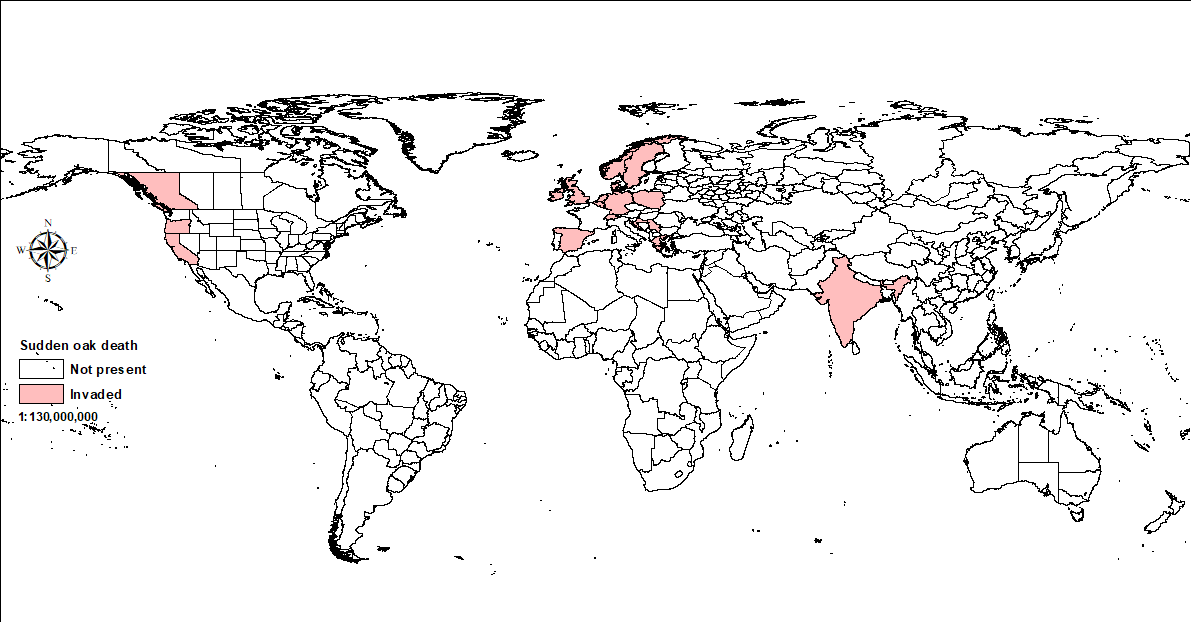 World map showing distribution of sudden oak death