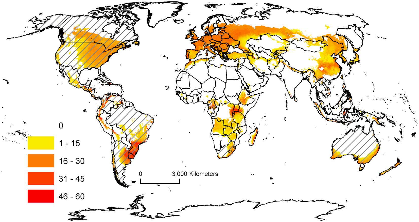 World map showing distribution of spongy moth.