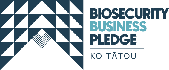 Logo with geometric pattern and text that says Biosecurity Business Pledge Ko Tatou