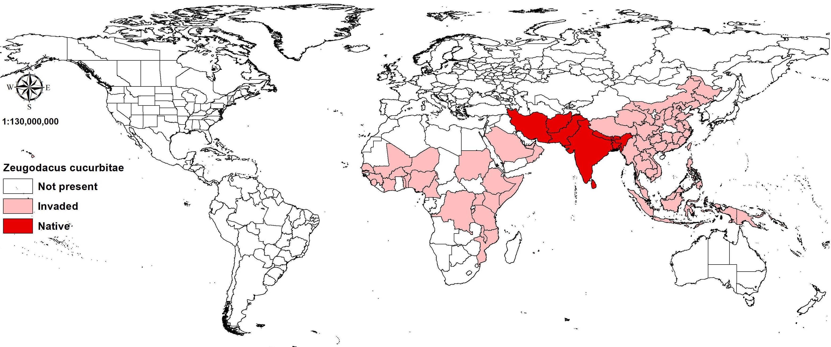 World map showing the distribution of the melon fly including Asia, parts of Africa, and Australia.