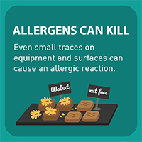 Allergens can kill: Even small traces on equipment and surfaces can cause an allergic reaction. Image of confectionery labelled with walnuts and nut free.