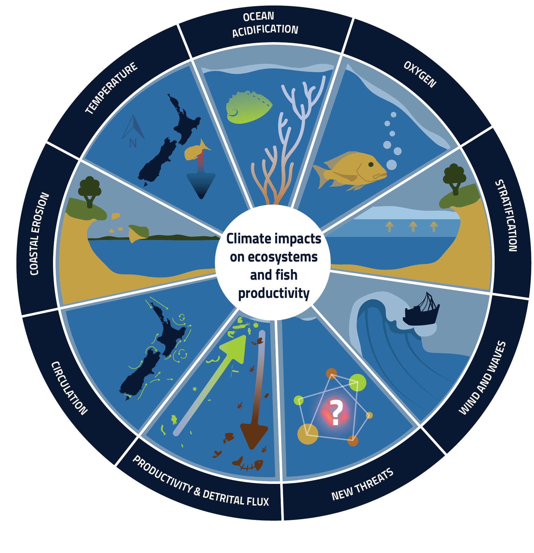 This pictorial wheel is a graphic divided into 9 sections: ocean acidification, oxygen, stratification, wind and waves, new threats, productivity and detrital flux, circulation, coast erosion, and temperature.