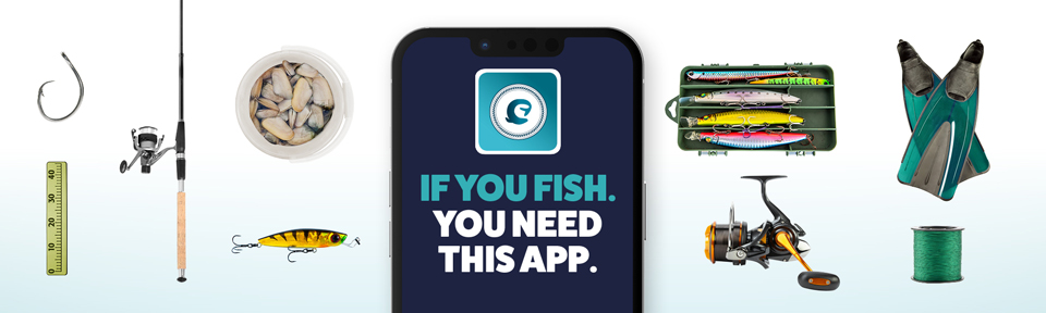 A hook, a ruler, a fishing rod, clams, jigs, a rod, swimfins, nylon line and a mobile phone with the words If you fish. You need this app., and the logo of a fish inside a circle.