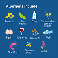 Allergens including peanuts, soy beans, dairy, cereals with gluten, eggs, sulphites, tree nuts, fish, shellfish, sesame seeds and lupin