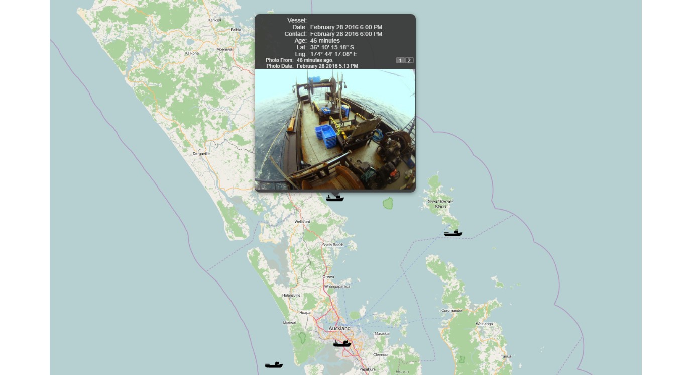 A map showing the position of fishing boats. In the top middle of the map is a snapshot taken from the live camera on one of the boats
