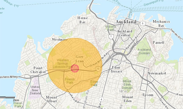 Map of Auckland with orange circle showing controlled area, around Grey Lynn.