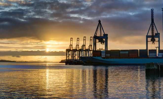 Cranes at Auckland port in the sunset.