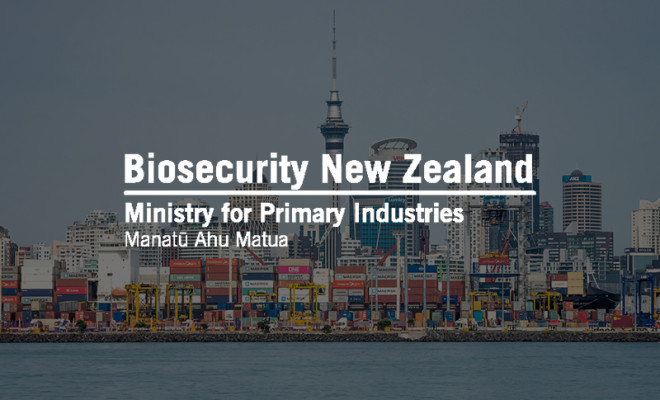 Biosecurity New Zealand logo overlaid in Auckland seaport stacks of containers and skyscrappers in background