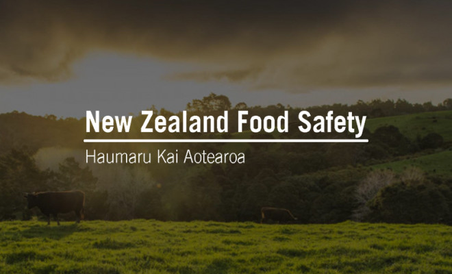 Food Safety New Zealand logo overlaid on landscape of NZ farm at sundown with 2 cows grazing