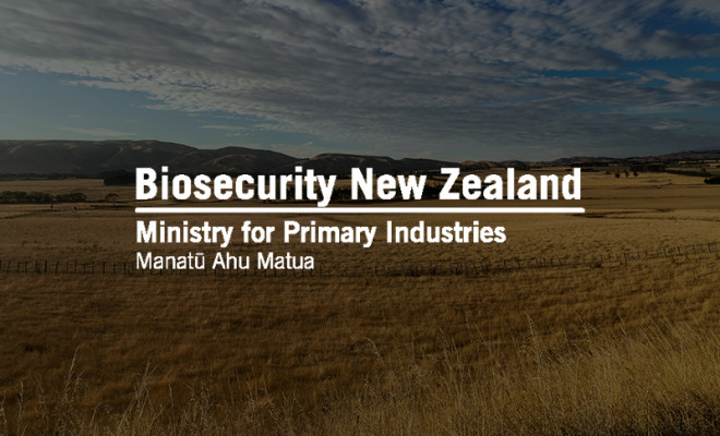 Biosecurity New Zealand logo overlaid on yellow grass pastures.